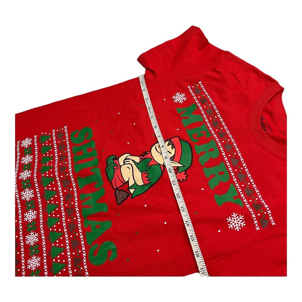 Merry Shitmas Elf Shirt Mens Small Red Funny Christmas Graphic Tee Novelty Humor - Picture 6 of 8